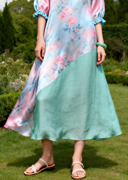 Pink Floral Patchwork Linen Silk Dress Ruffled Summer