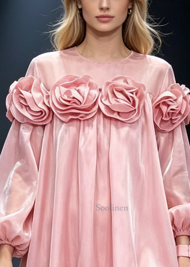 Pink Floral Silk Work Dress Oversized Summer
