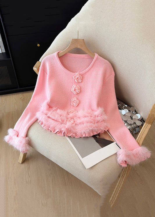Pink Fluffy Floral Patchwork Knit Winter Sweater O Neck