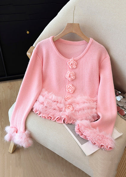 Rosa flauschiger Strickpullover mit Blumenmuster und Patchwork-Design, Rundhalsausschnitt