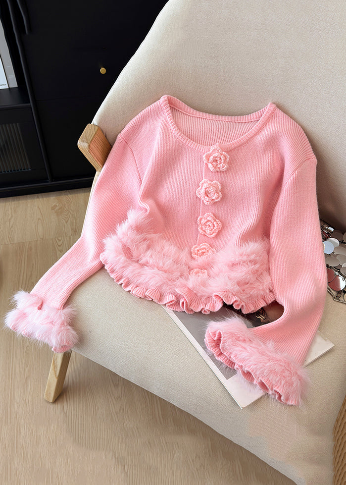 Rosa flauschiger Strickpullover mit Blumenmuster und Patchwork-Design, Rundhalsausschnitt