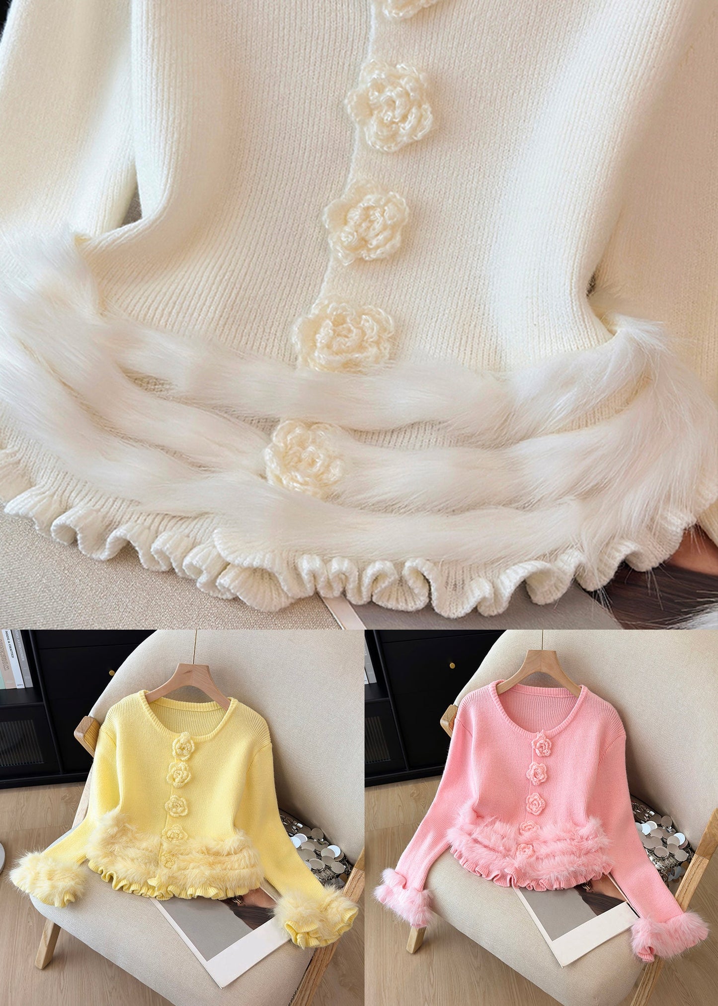 Rosa flauschiger Strickpullover mit Blumenmuster und Patchwork-Design, Rundhalsausschnitt