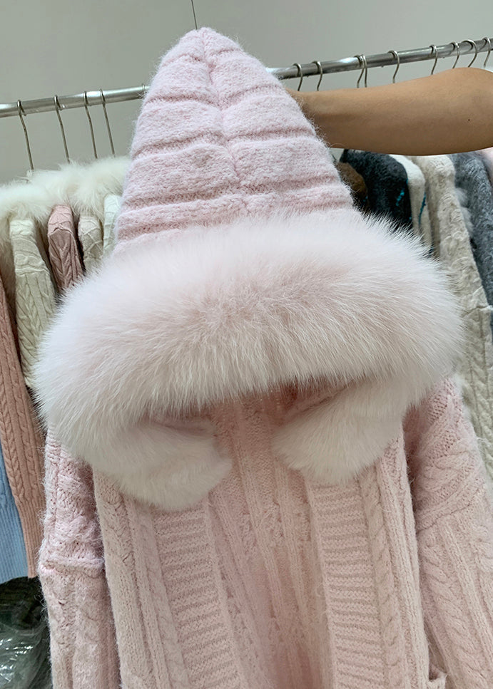 Cárdigan de punto trenzado con bolsillos y cuello de zorro rosa y capucha
