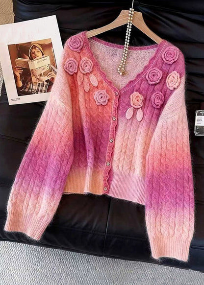 Pink Gradient Color Floral Button Knit Cardigan V Neck Fall