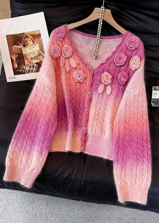 Pink Gradient Color Floral Button Knit Cardigan V Neck Fall