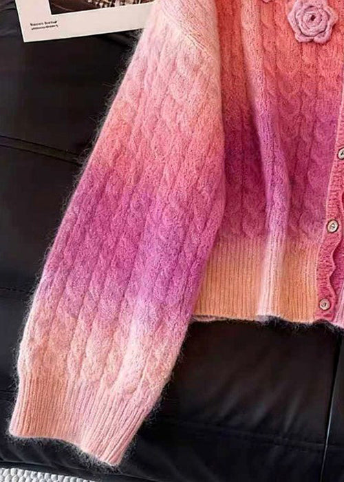 Pink Gradient Color Floral Button Knit Cardigan V Neck Fall