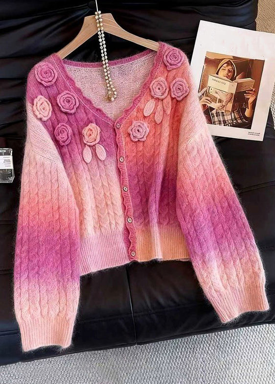 Pink Gradient Color Floral Button Knit Cardigan V Neck Fall