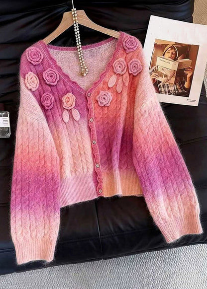 Pink Gradient Color Floral Button Knit Cardigan V Neck Fall