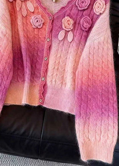 Pink Gradient Color Floral Button Knit Cardigan V Neck Fall