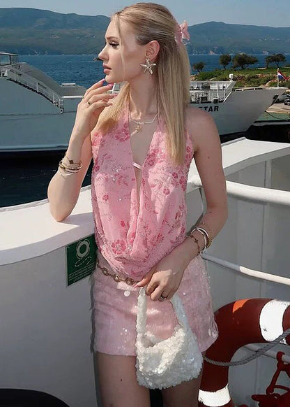 Pink Halter Sequins Embroideried Vest Sleeveless