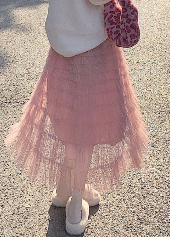 Rosa High Waist Tüll Lagered Röcke Frühling