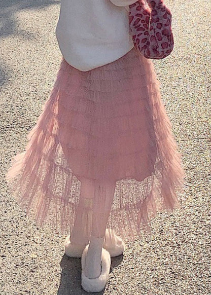 Rosa High Waist Tüll Lagered Röcke Frühling