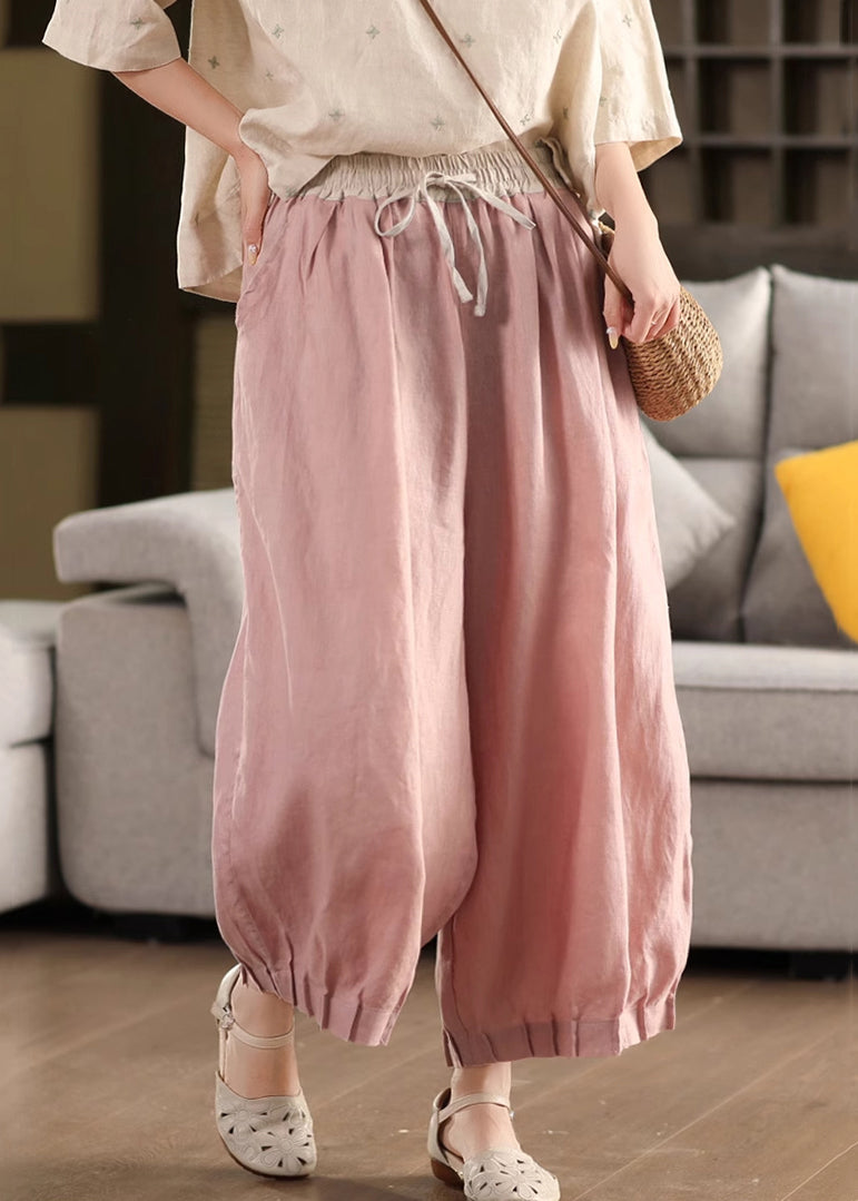Pink Lace Up Patchwork Linen Summer Crop Pants Elastic Waist