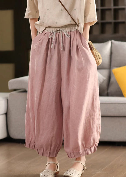 Pink Lace Up Patchwork Linen Summer Crop Pants Elastic Waist