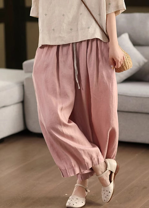 Pink Lace Up Patchwork Linen Summer Crop Pants Elastic Waist