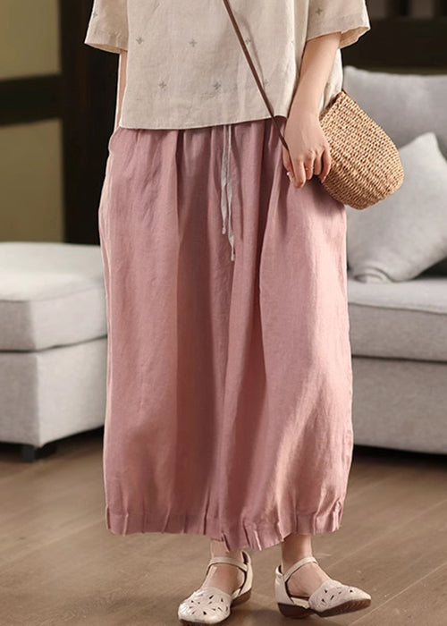 Pink Lace Up Patchwork Linen Summer Crop Pants Elastic Waist