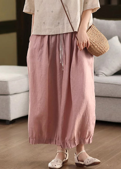 Pink Lace Up Patchwork Linen Summer Crop Pants Elastic Waist