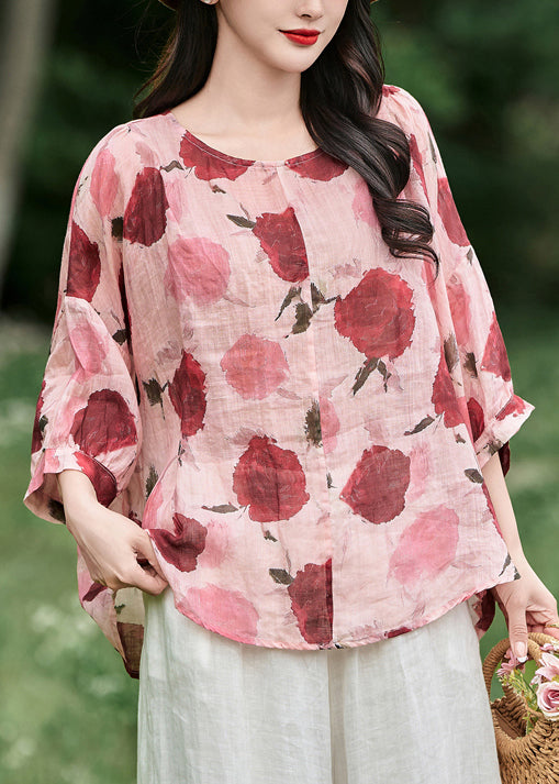 Pink Lace Up Ruffled Linen Blouses O Neck Bracelet Sleeve