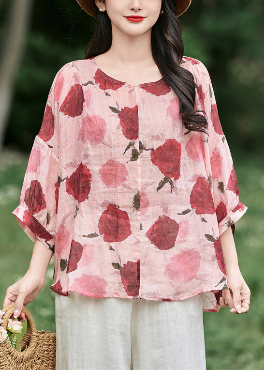 Pink Lace Up Ruffled Linen Blouses O Neck Bracelet Sleeve