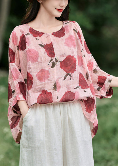 Pink Lace Up Ruffled Linen Blouses O Neck Bracelet Sleeve