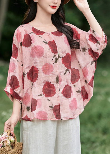 Pink Lace Up Ruffled Linen Blouses O Neck Bracelet Sleeve