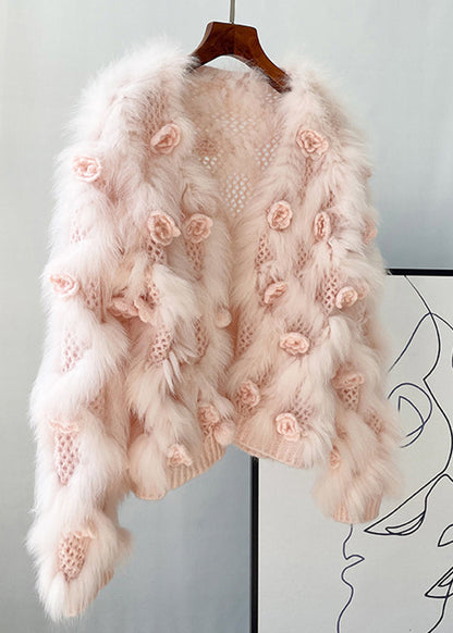 Rosa Strickmäntel aus Nerzhaar mit V-Ausschnitt für den Winter