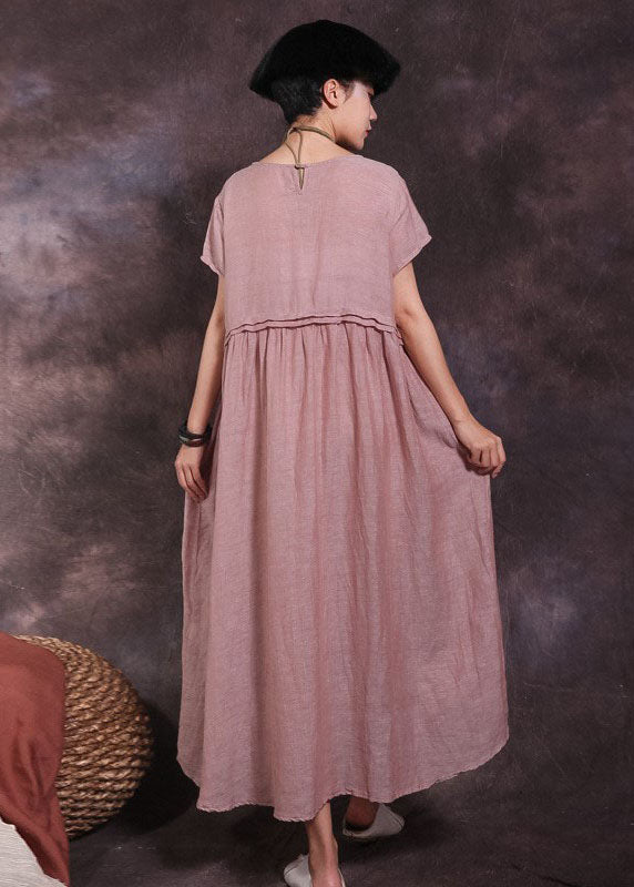 Rosa Baumwollkleid mit Rundhalsausschnitt und Taschen, kurze Ärmel