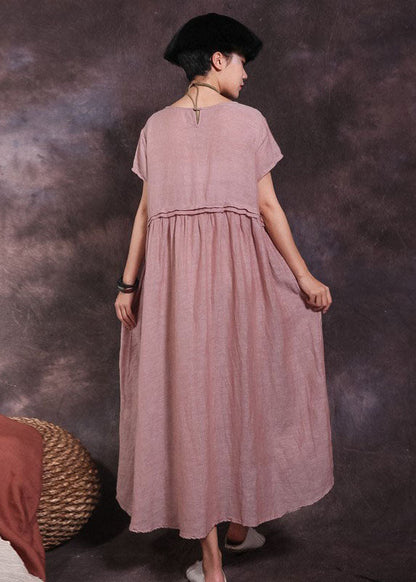 Rosa Baumwollkleid mit Rundhalsausschnitt und Taschen, kurze Ärmel