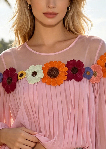 Pink Patchwork Chiffon Blouses Daisy Wrinkled Summer