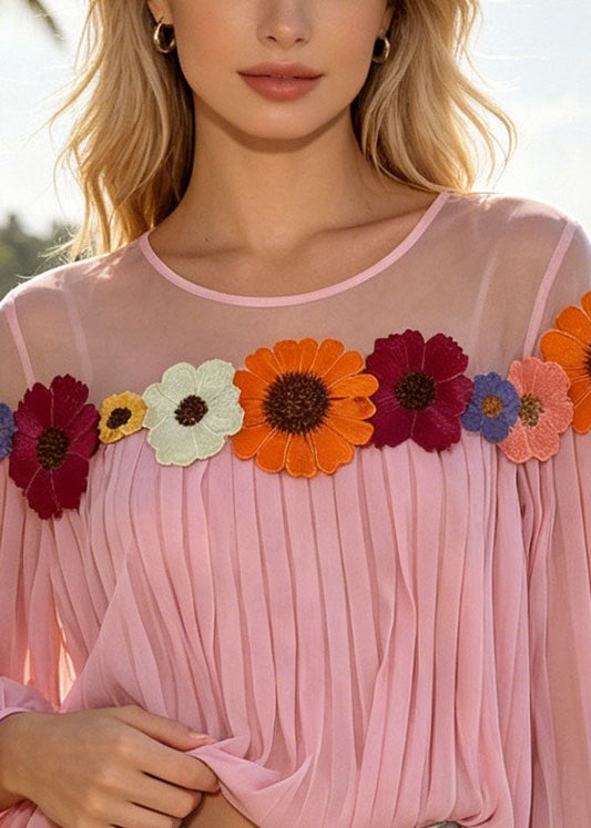Pink Patchwork Chiffon Blouses Daisy Wrinkled Summer