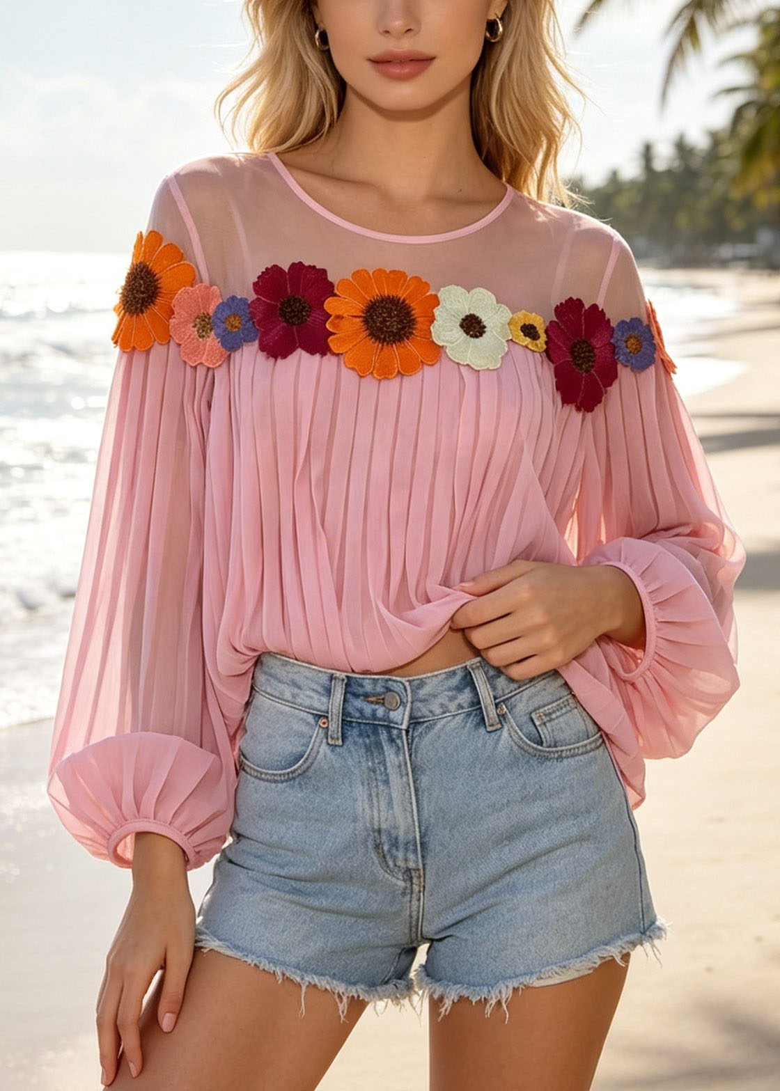 Pink Patchwork Chiffon Blouses Daisy Wrinkled Summer