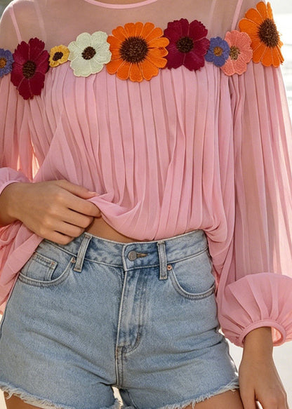 Pink Patchwork Chiffon Blouses Daisy Wrinkled Summer