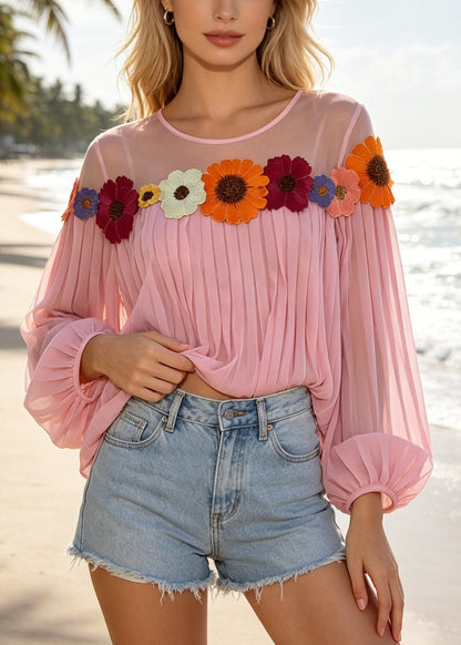 Pink Patchwork Chiffon Blouses Daisy Wrinkled Summer