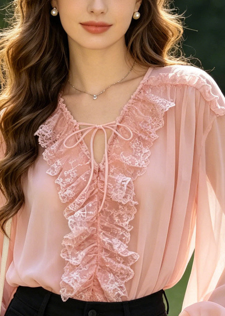 Pink Patchwork Chiffon Shirts Oversized Lace Up Summer