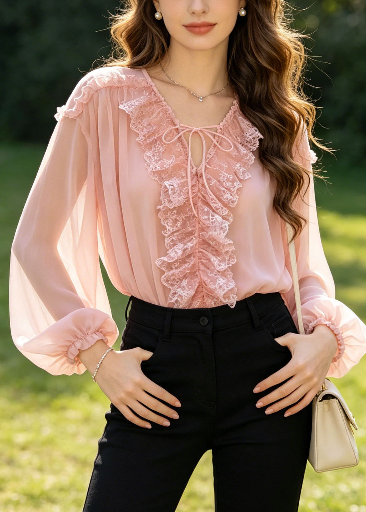 Pink Patchwork Chiffon Shirts Oversized Lace Up Summer