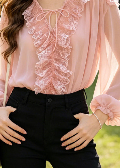 Pink Patchwork Chiffon Shirts Oversized Lace Up Summer