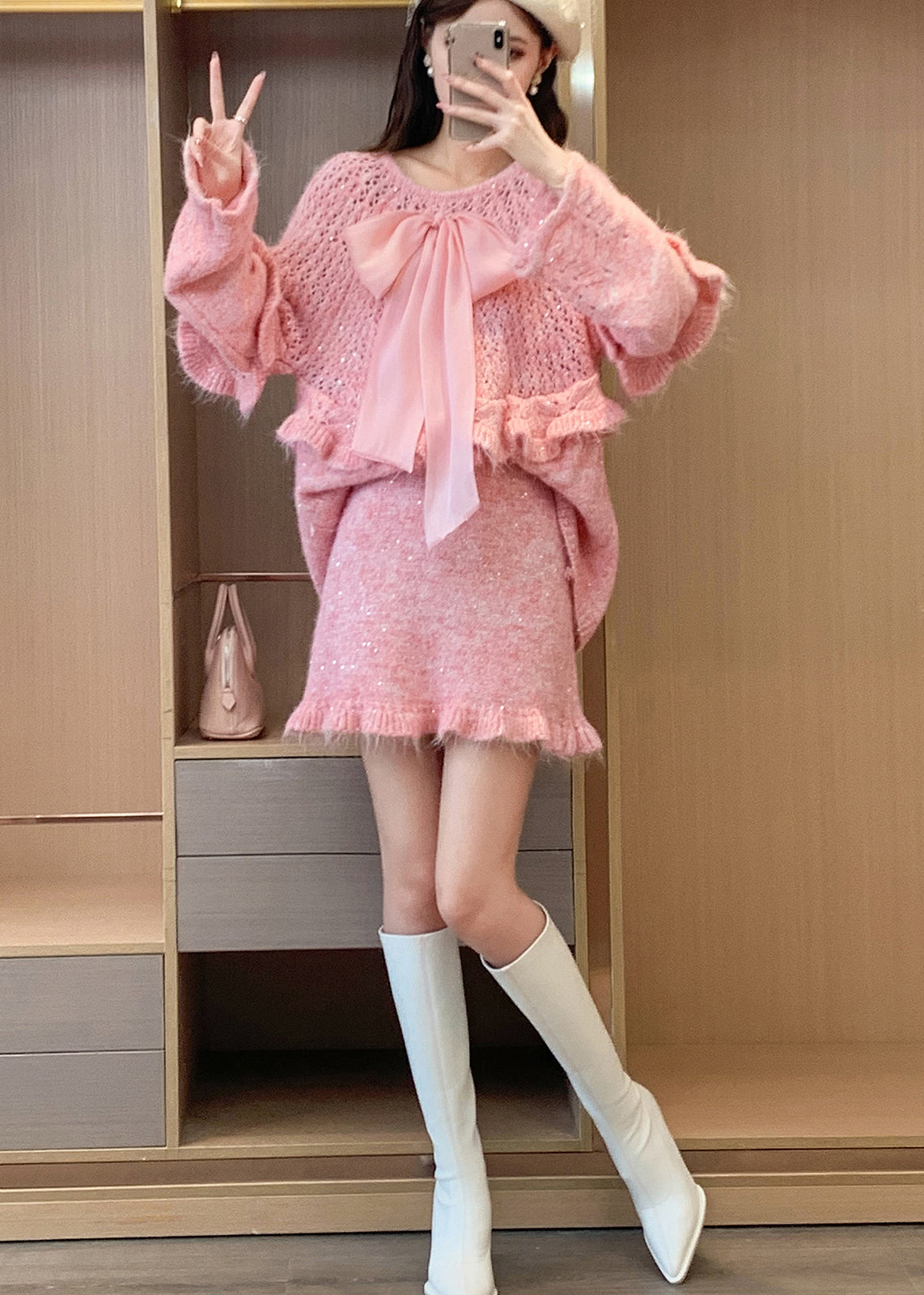 Pink Patchwork Knit Two Pieces Set Ruffled Bow Spring