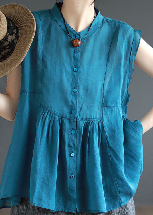 Top de lino con patchwork rosa y cuello alto con botones arrugados para verano