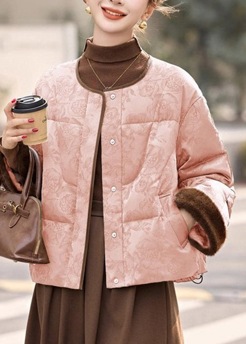 Abrigos de plumas con cuello redondo, bolsillos rosas y cordón ajustable