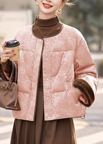 Abrigos de plumas con cuello redondo, bolsillos rosas y cordón ajustable