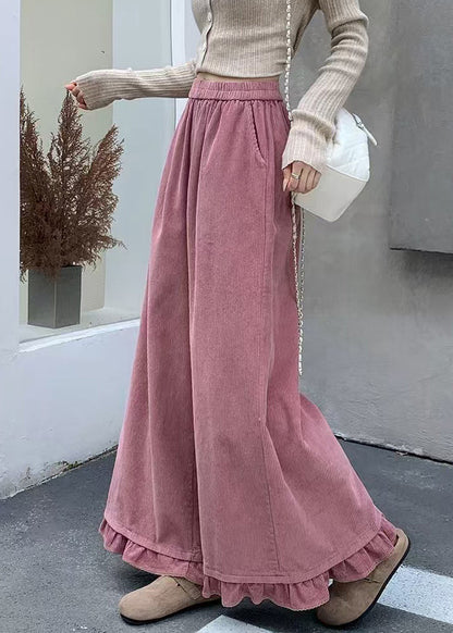 Rosa Cordhose mit Taschen, elastischem Bund und Rüschen für den Herbst