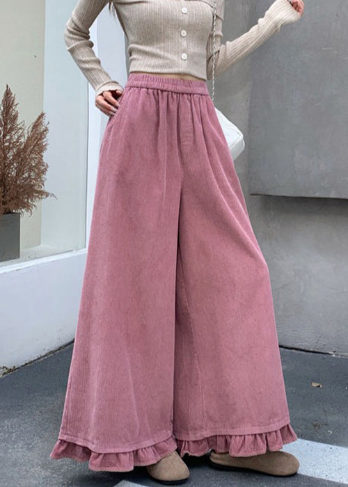 Rosa Cordhose mit Taschen, elastischem Bund und Rüschen für den Herbst