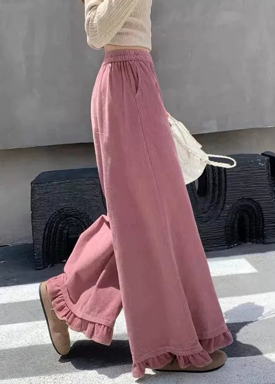 Rosa Cordhose mit Taschen, elastischem Bund und Rüschen für den Herbst