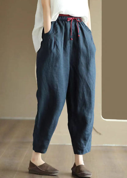 Pantalones harén de lino con cordón y bolsillos rosas de verano