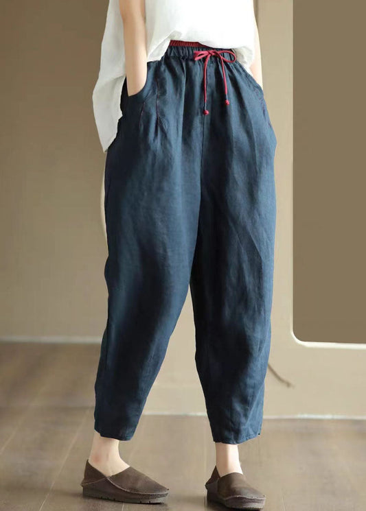 Pantalones harén de lino con cordón y bolsillos rosas de verano