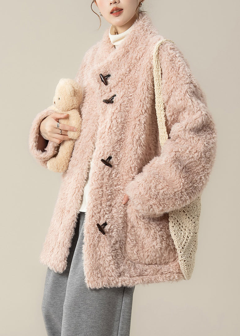 Rosa Teddy-Mantel aus Kunstpelz mit Taschen und Stehkragen