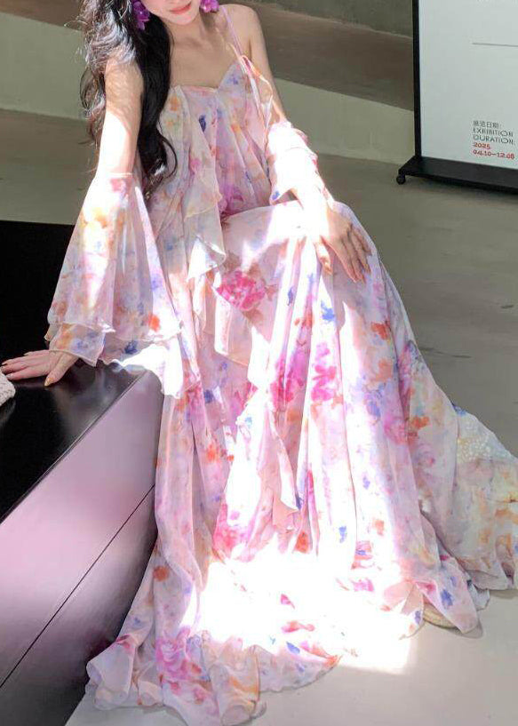 Pink Print Chiffon Holiday Dress Backless Exra Large Hem Summer