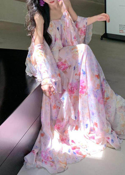 Pink Print Chiffon Holiday Dress Backless Exra Large Hem Summer