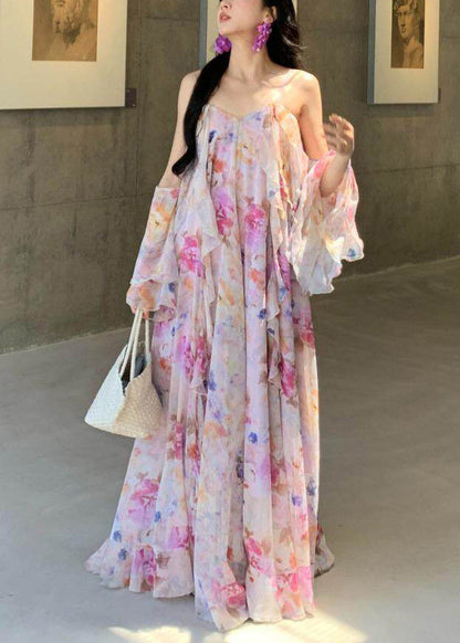 Pink Print Chiffon Holiday Dress Backless Exra Large Hem Summer