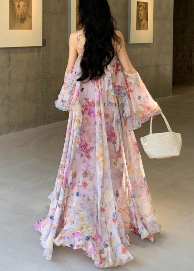 Pink Print Chiffon Holiday Dress Backless Exra Large Hem Summer